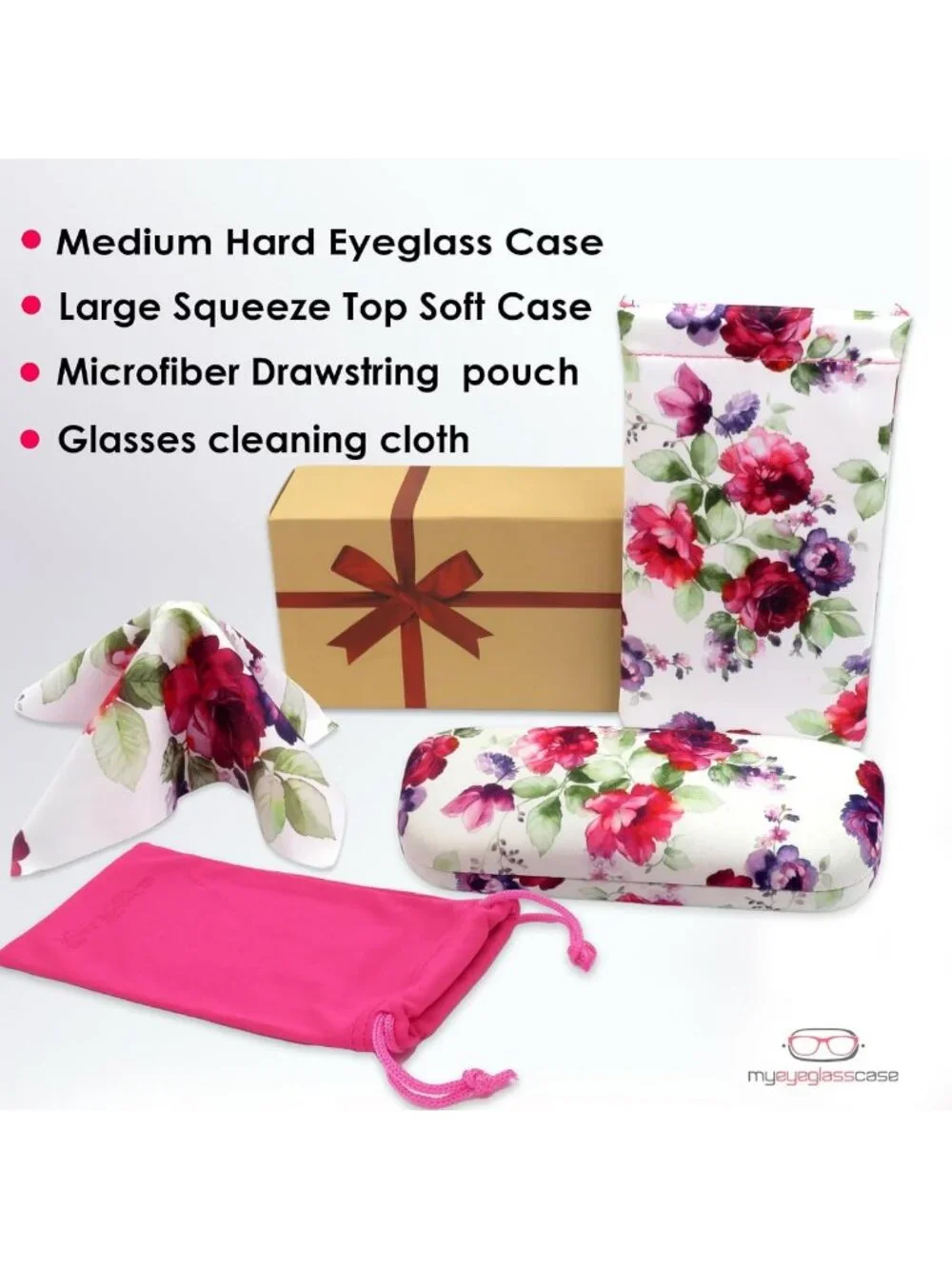 Stylish Hard Shell Eyeglass Case | Protective Glasses Case with Pouch & Cloth